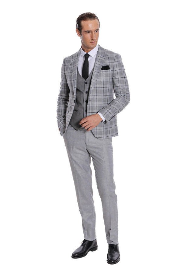 Slim Fit Checked Grey Men Suit