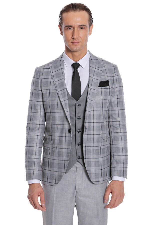 Slim Fit Checked Grey Men Suit