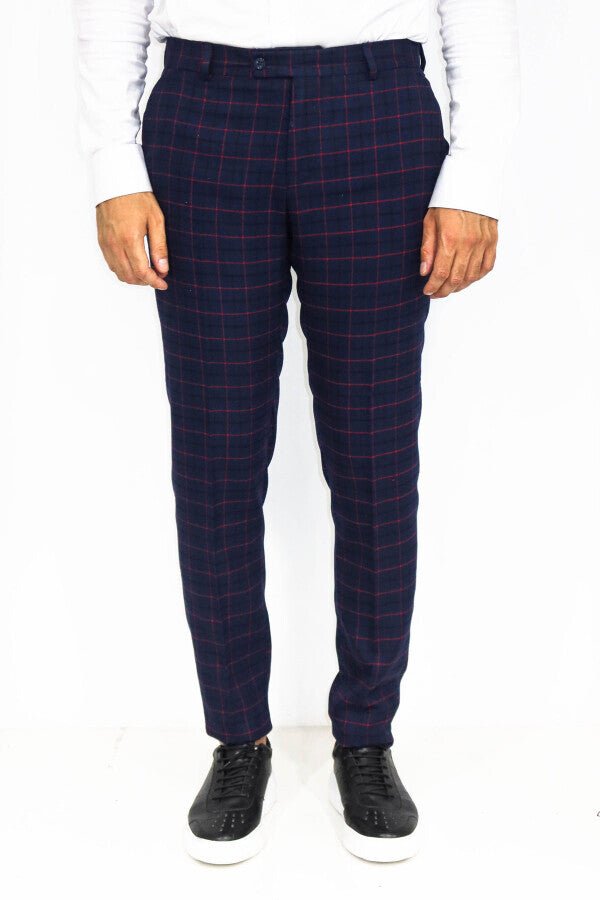 Slim Fit Checked Navy Blue Men Pants