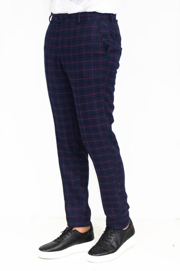 Slim Fit Checked Navy Blue Men Pants