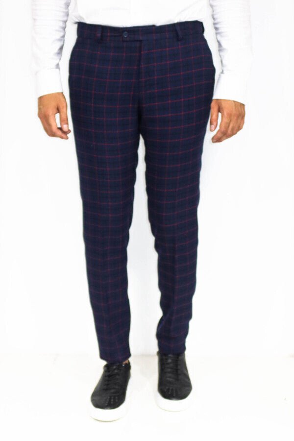 Slim Fit Checked Navy Blue Men Pants