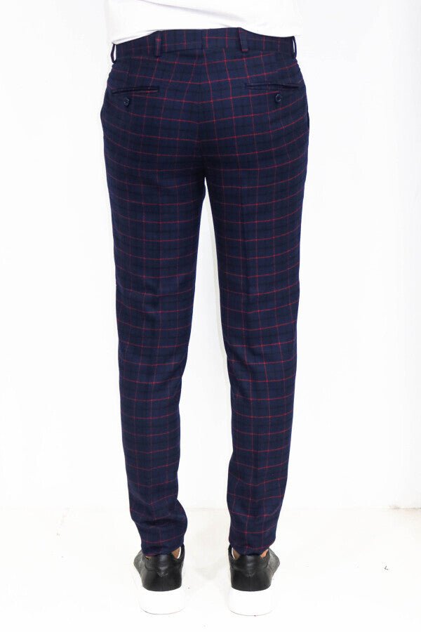 Slim Fit Checked Navy Blue Men Pants