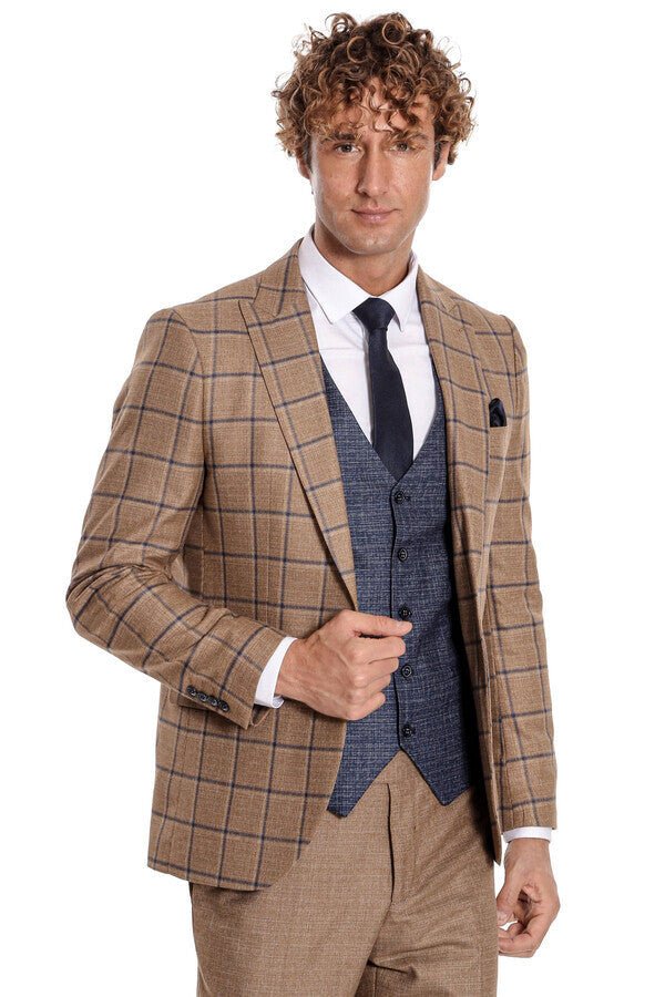 Slim Fit Checked Patterned Brown Men Suit