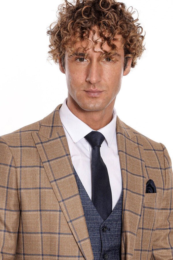 Slim Fit Checked Patterned Brown Men Suit