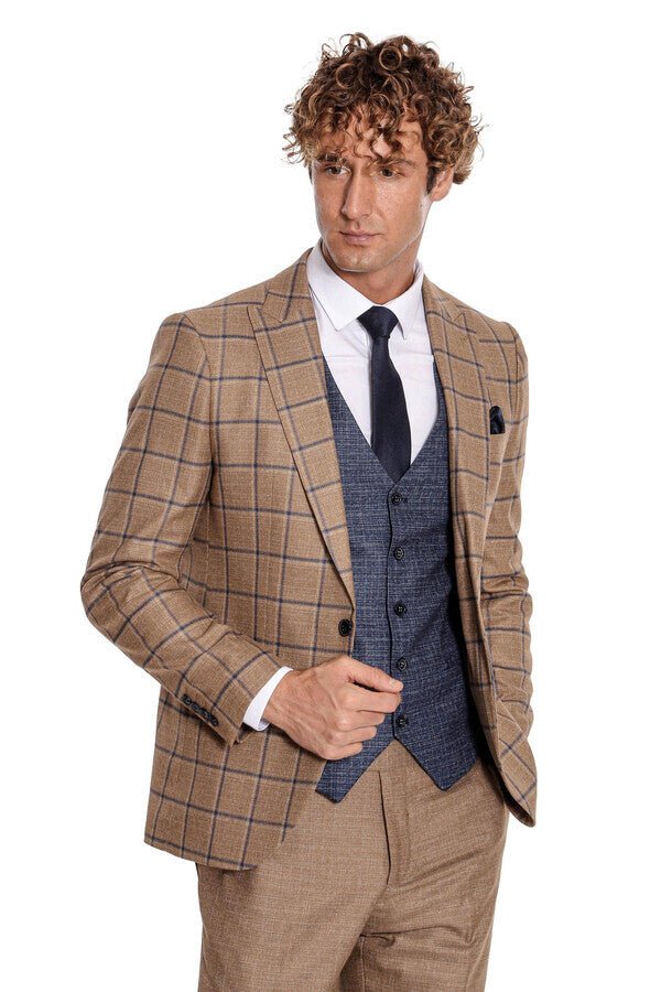 Slim Fit Checked Patterned Brown Men Suit