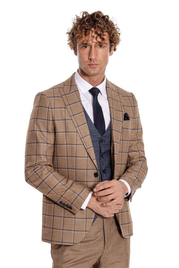 Slim Fit Checked Patterned Brown Men Suit