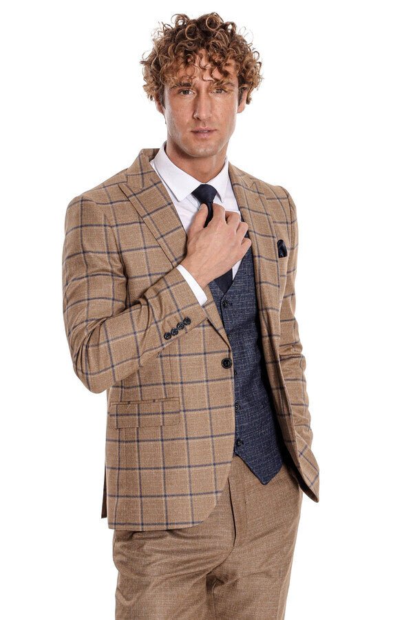 Slim Fit Checked Patterned Brown Men Suit