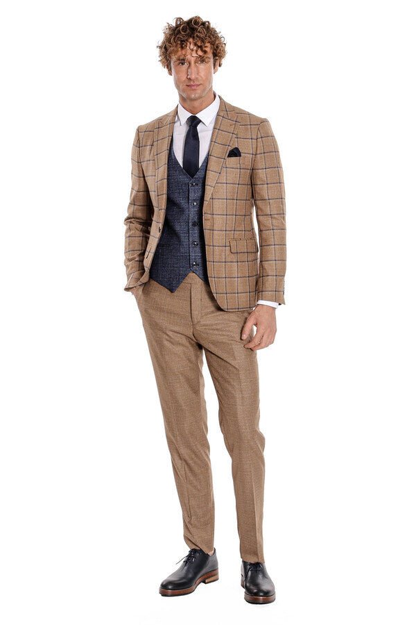 Slim Fit Checked Patterned Brown Men Suit