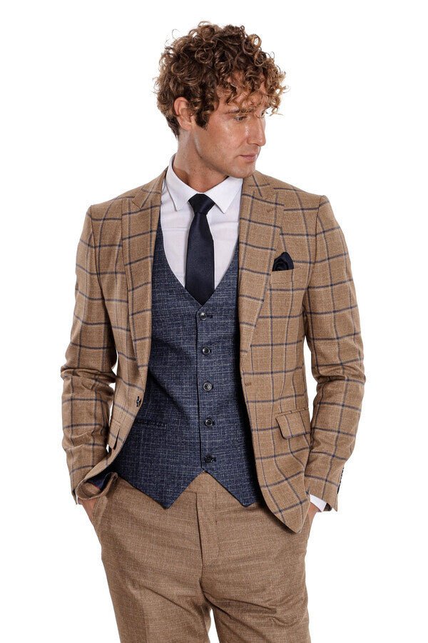 Slim Fit Checked Patterned Brown Men Suit