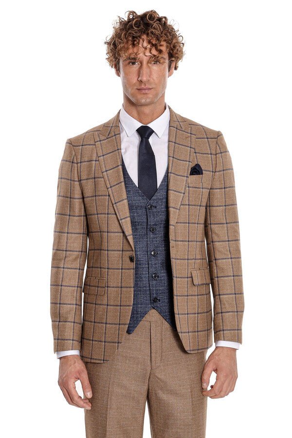 Slim Fit Checked Patterned Brown Men Suit