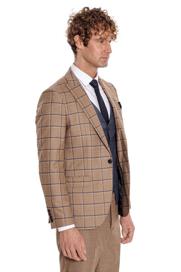 Slim Fit Checked Patterned Brown Men Suit