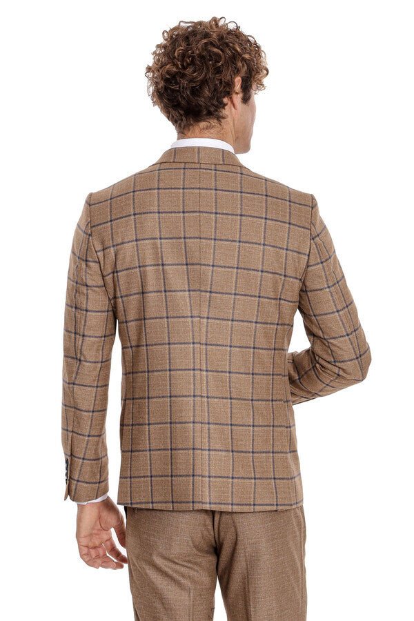 Slim Fit Checked Patterned Brown Men Suit