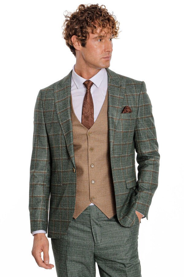 Slim Fit Checked Patterned Green Men Suit