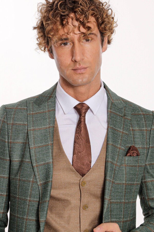 Slim Fit Checked Patterned Green Men Suit