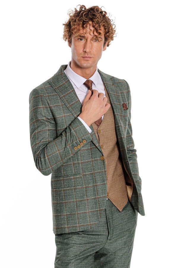 Slim Fit Checked Patterned Green Men Suit