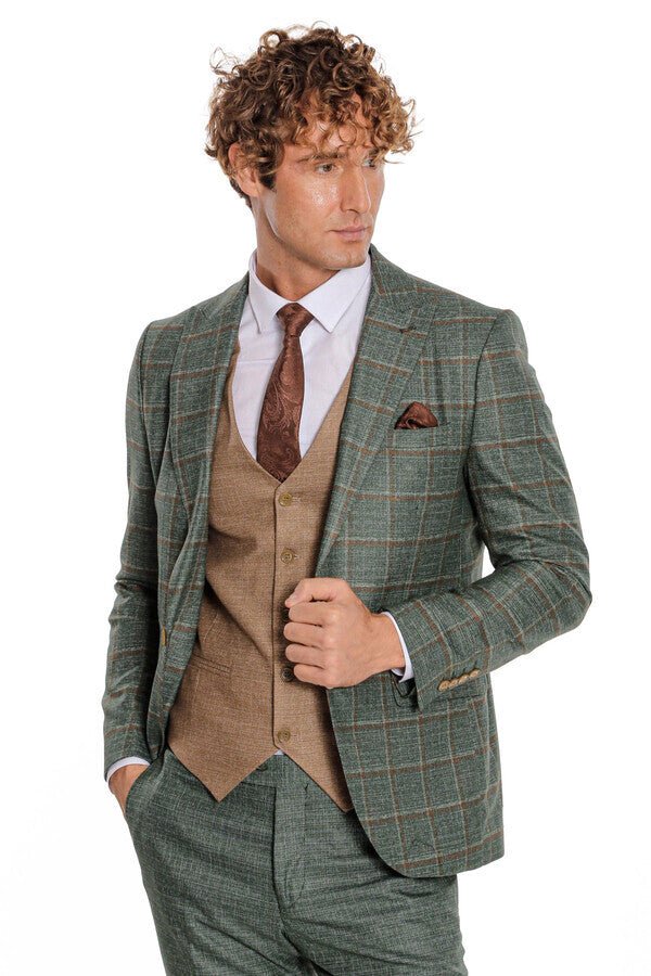 Slim Fit Checked Patterned Green Men Suit