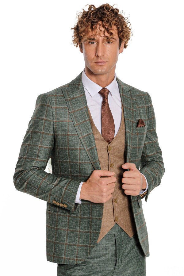 Slim Fit Checked Patterned Green Men Suit