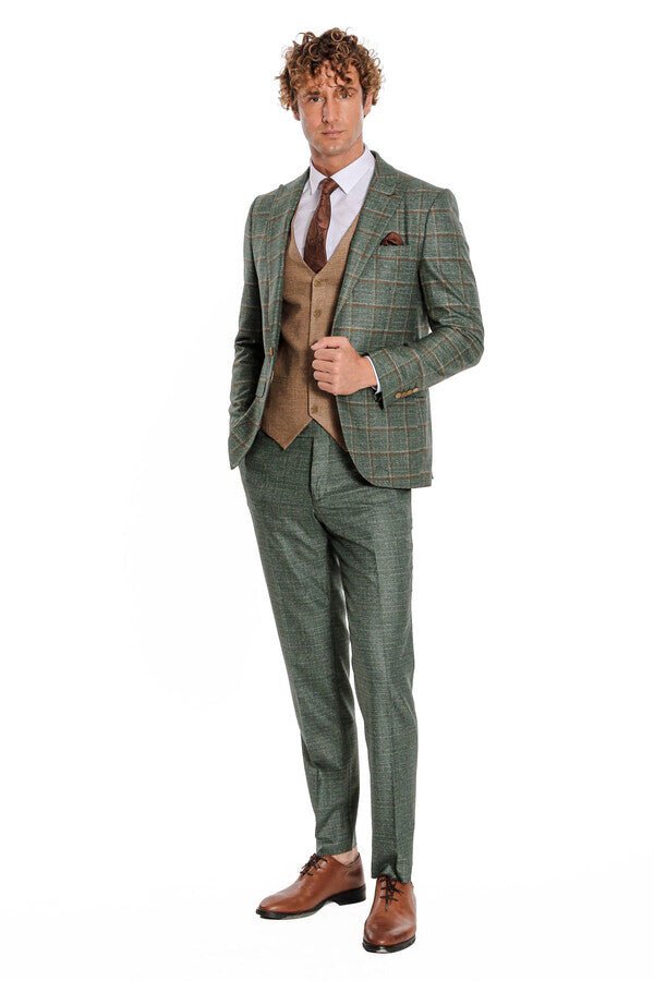 Slim Fit Checked Patterned Green Men Suit