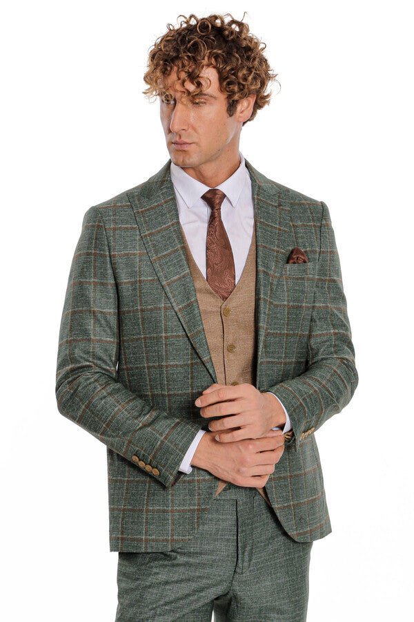 Slim Fit Checked Patterned Green Men Suit