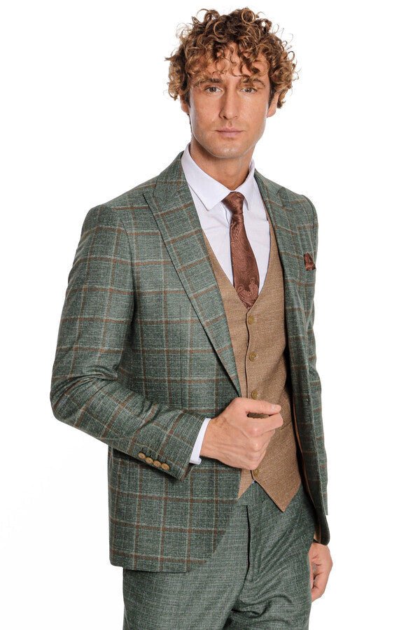Slim Fit Checked Patterned Green Men Suit