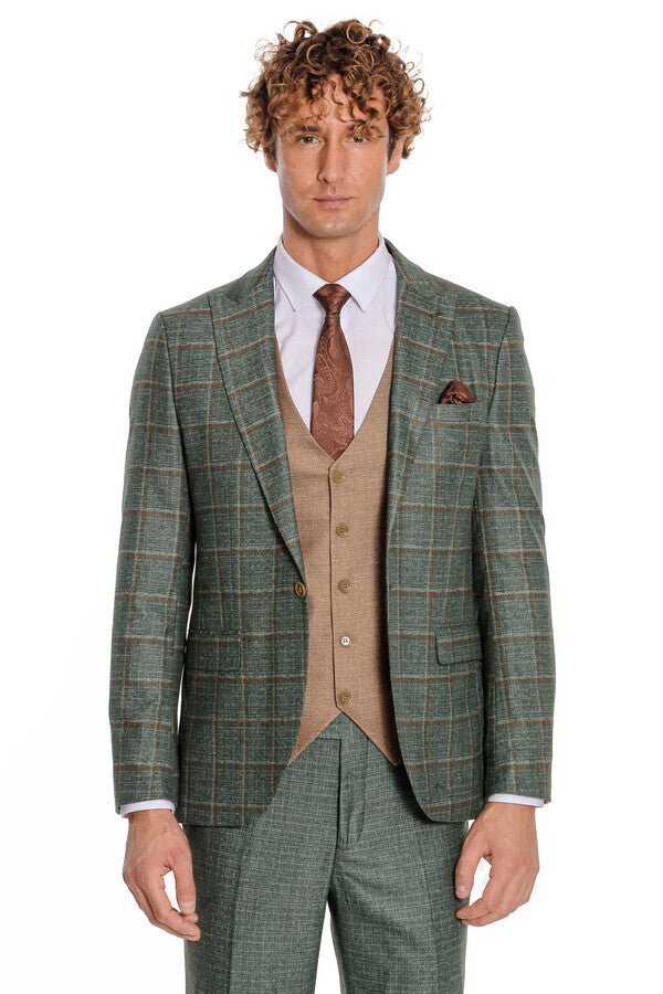 Slim Fit Checked Patterned Green Men Suit