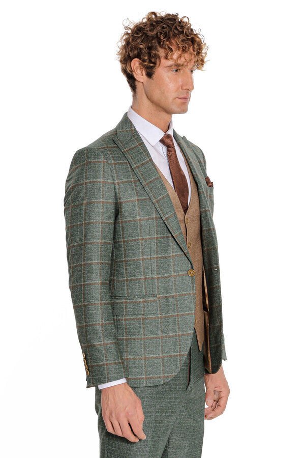 Slim Fit Checked Patterned Green Men Suit