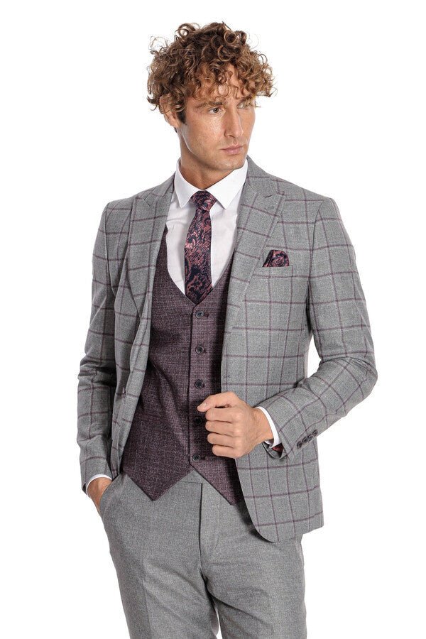 Slim Fit Checked Patterned Grey Men Suit