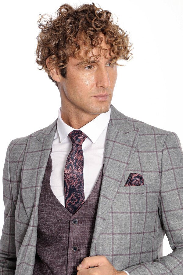 Slim Fit Checked Patterned Grey Men Suit