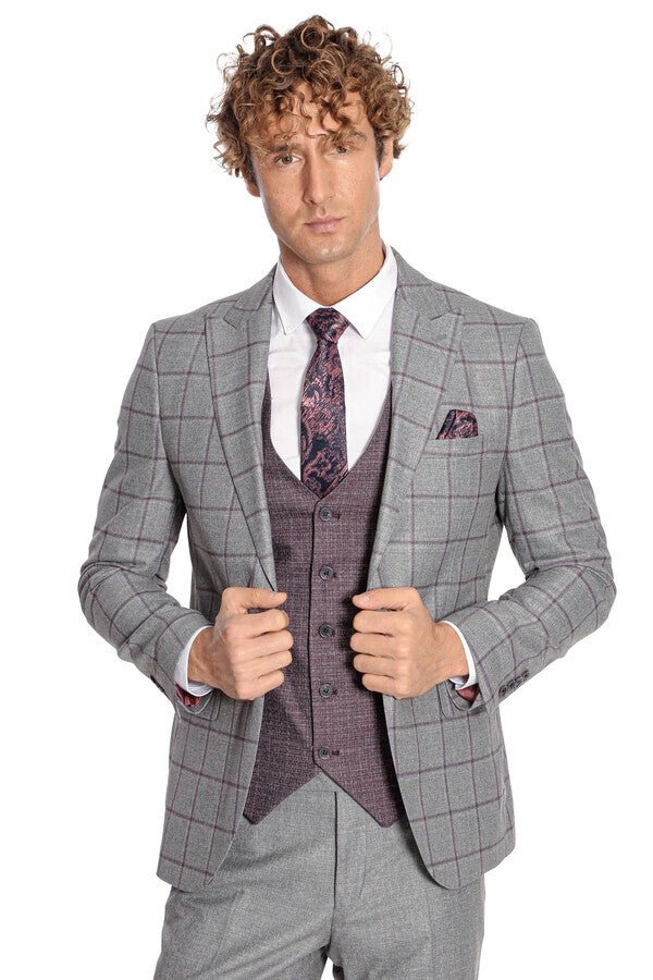 Slim Fit Checked Patterned Grey Men Suit