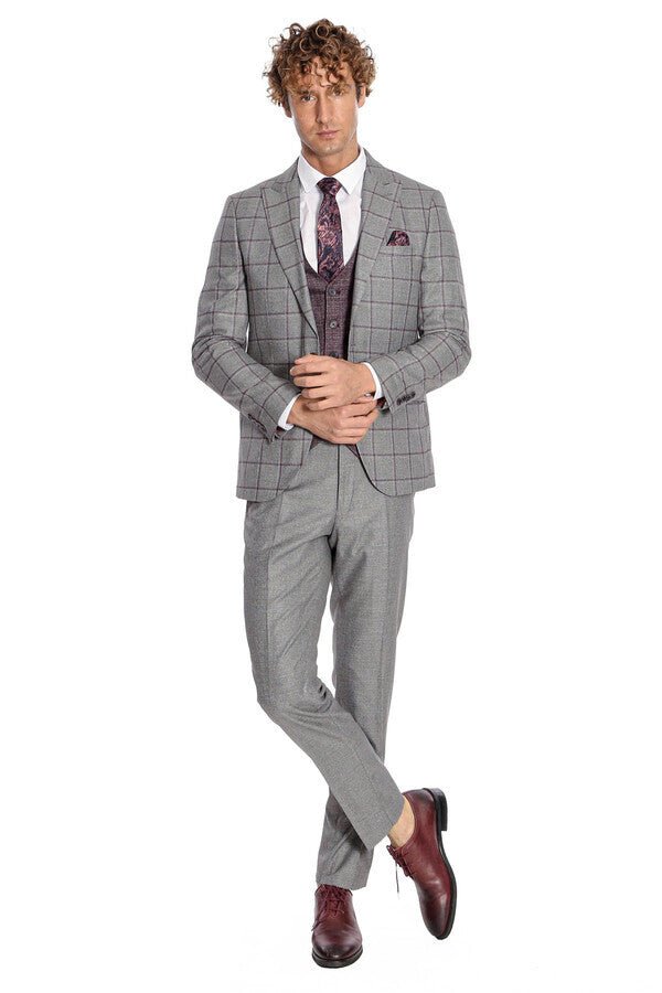 Slim Fit Checked Patterned Grey Men Suit