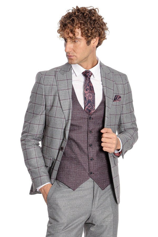 Slim Fit Checked Patterned Grey Men Suit