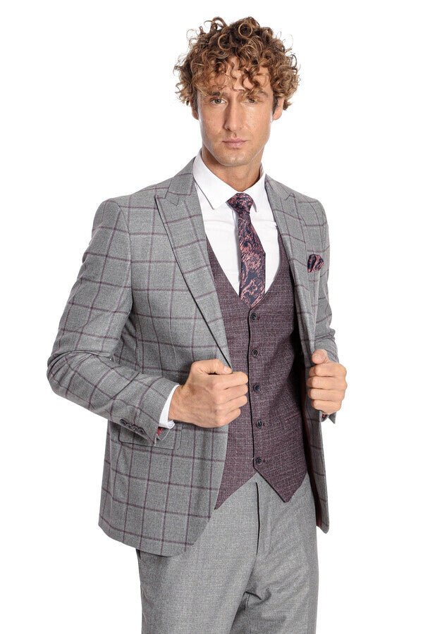 Slim Fit Checked Patterned Grey Men Suit