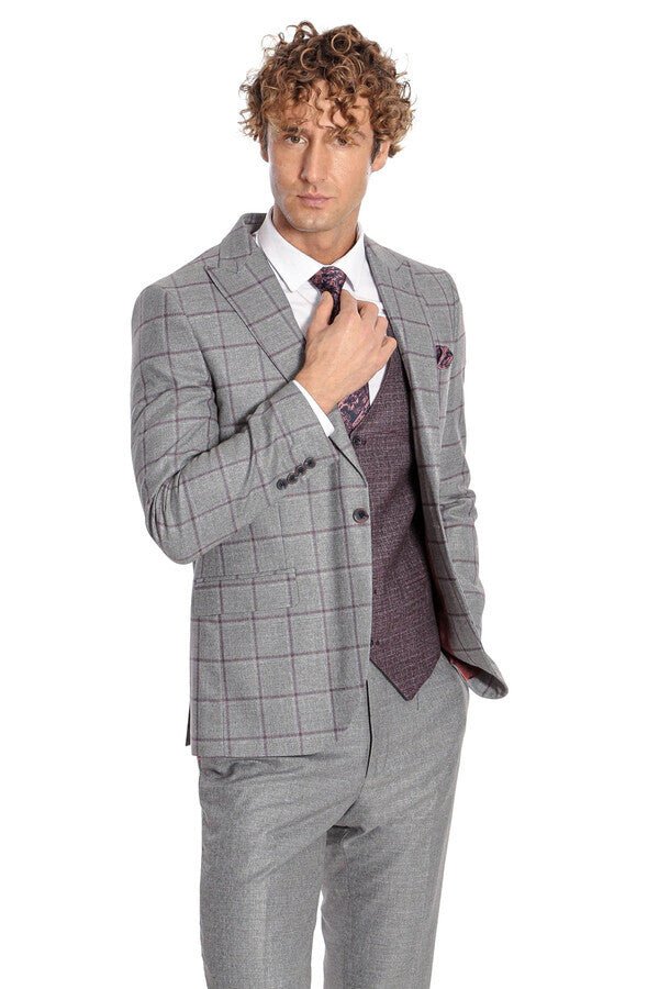 Slim Fit Checked Patterned Grey Men Suit