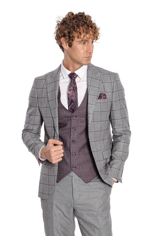 Slim Fit Checked Patterned Grey Men Suit
