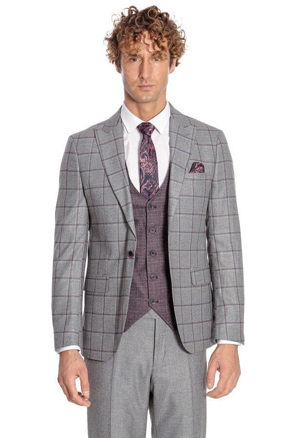 Slim Fit Checked Patterned Grey Men Suit