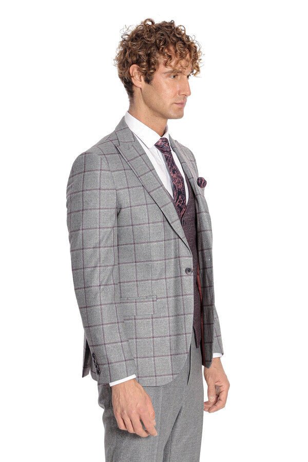 Slim Fit Checked Patterned Grey Men Suit