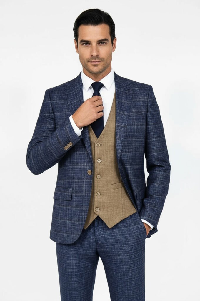 Slim Fit Checked Patterned Navy Blue Men Suit