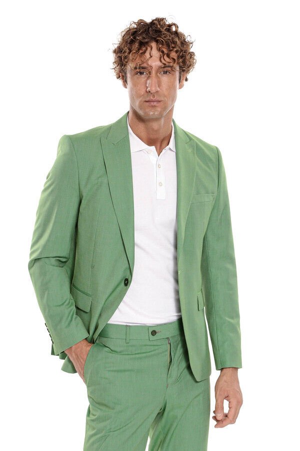 2 Piece Patterned Slim Fit Green Men Suit