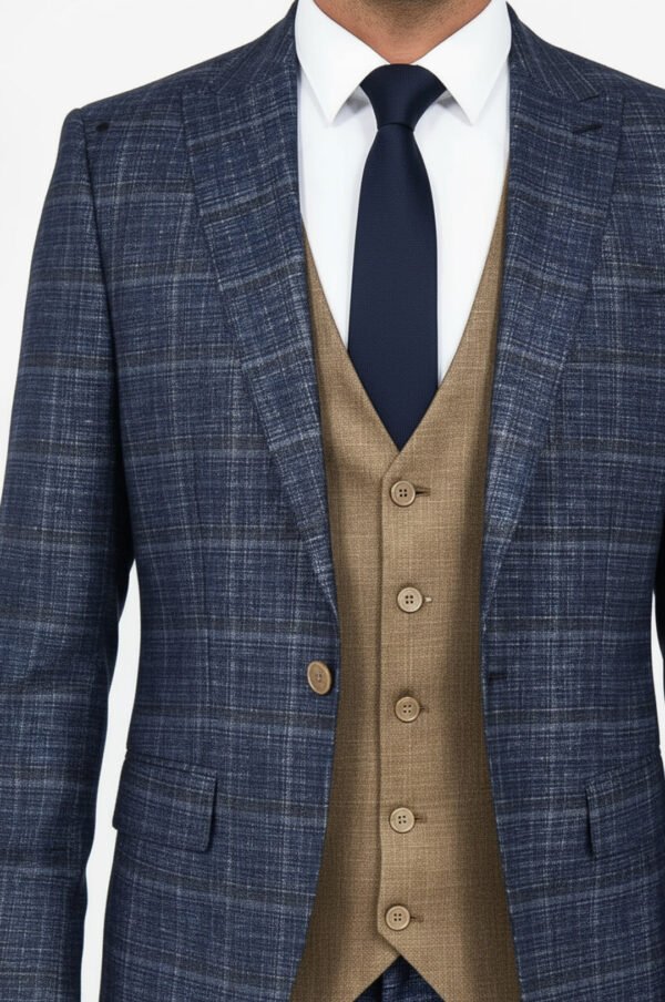 Slim Fit Checked Patterned Navy Blue Men Suit