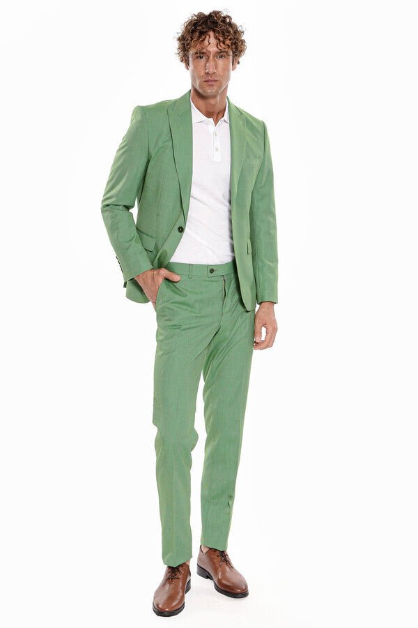 2 Piece Patterned Slim Fit Green Men Suit