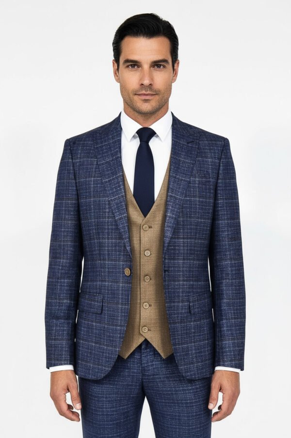 Slim Fit Checked Patterned Navy Blue Men Suit