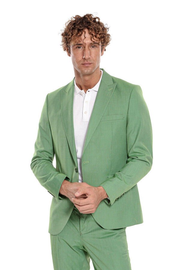 2 Piece Patterned Slim Fit Green Men Suit