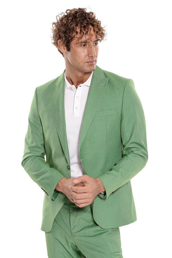 2 Piece Patterned Slim Fit Green Men Suit