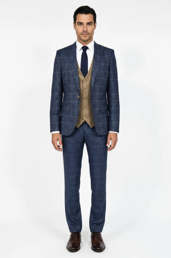 Slim Fit Checked Patterned Navy Blue Men Suit