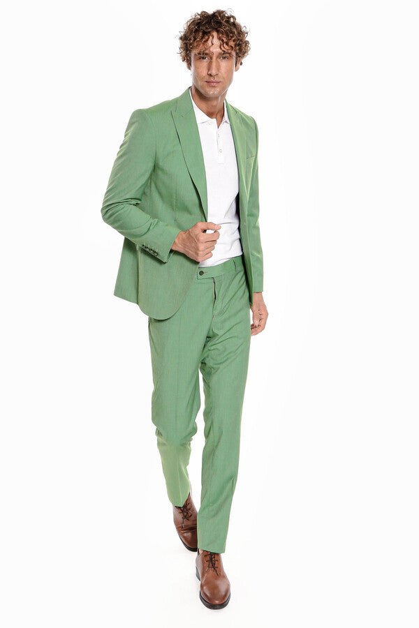 2 Piece Patterned Slim Fit Green Men Suit