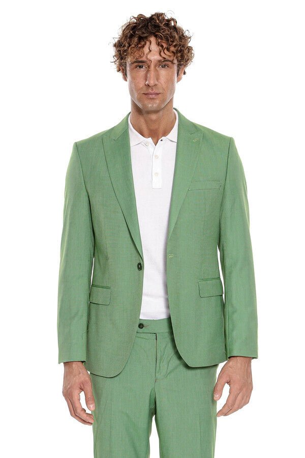 2 Piece Patterned Slim Fit Green Men Suit