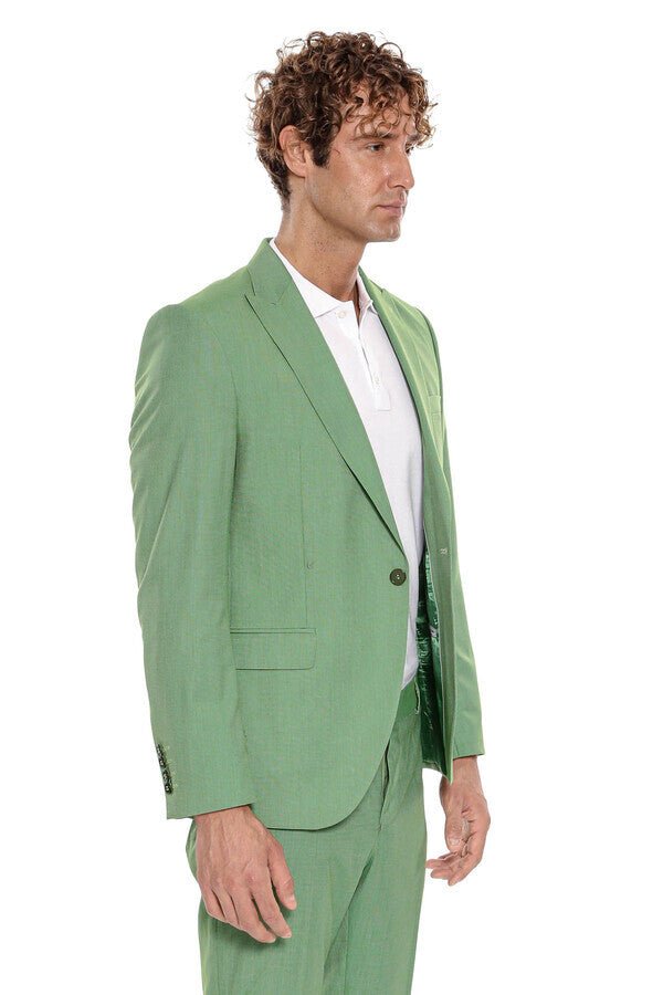 2 Piece Patterned Slim Fit Green Men Suit