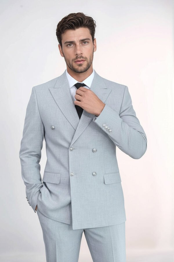 Slim Fit Double-Breasted Anthracite Men’s Suit with Silver-Tone Metal Buttons