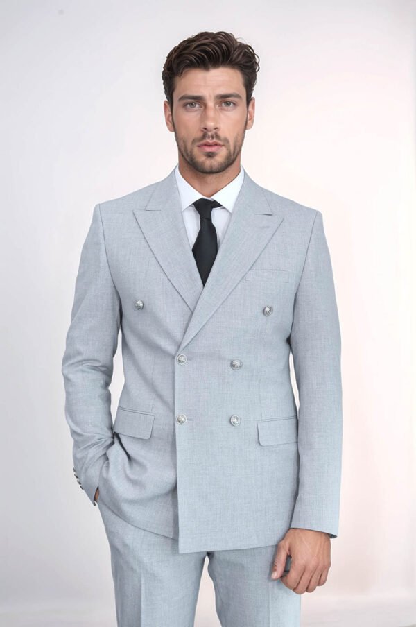 Slim Fit Double-Breasted Anthracite Men’s Suit with Silver-Tone Metal Buttons