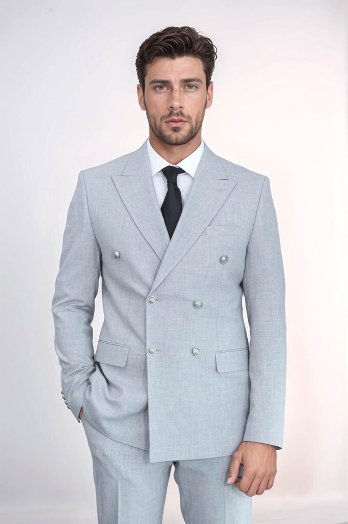 Slim Fit Double-Breasted Anthracite Men’s Suit with Silver-Tone Metal Buttons